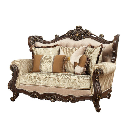 Shalisa - Loveseat With 5 Pillows (Same Lv01586) - Fabric & Walnut - R&R Furniture Gallery (Fountain Valley, CA)