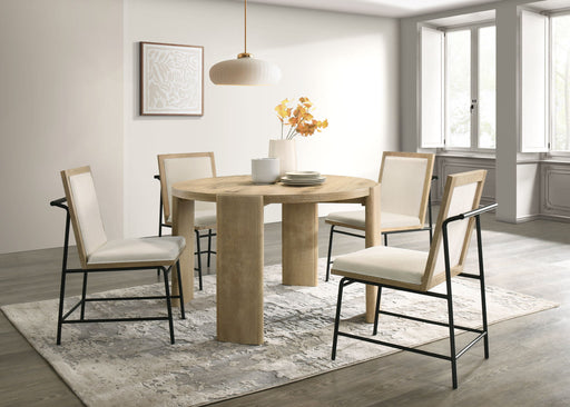 Bowen - Round Dining Table With Cream Color Upholstered Chairs (Set of 5) - Oak Finish - R&R Furniture Gallery (Fountain Valley, CA)