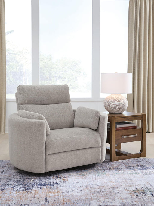 Benchcraft® ModMax Luxe Swivel Glider Power Recliner in Flint fabric with plush cushioning and modern design.