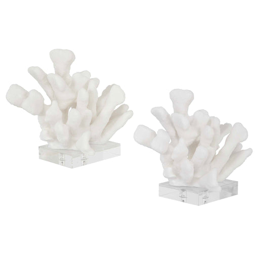 Set of two white Charbel bookends by Uttermost, featuring sleek modern design to hold books upright on a shelf.