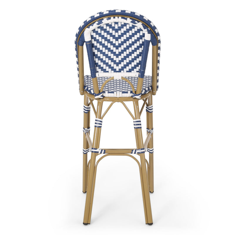 Outdoor Rattan French Barstool Set,, Bamboo, Seat Height - Navy Blue / White - R&R Furniture Gallery (Fountain Valley, CA)
