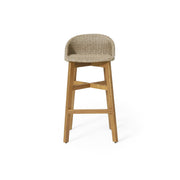 Noble House Beeson outdoor wicker and acacia wood barstool set in brown, water-resistant design, suitable for patio seating.