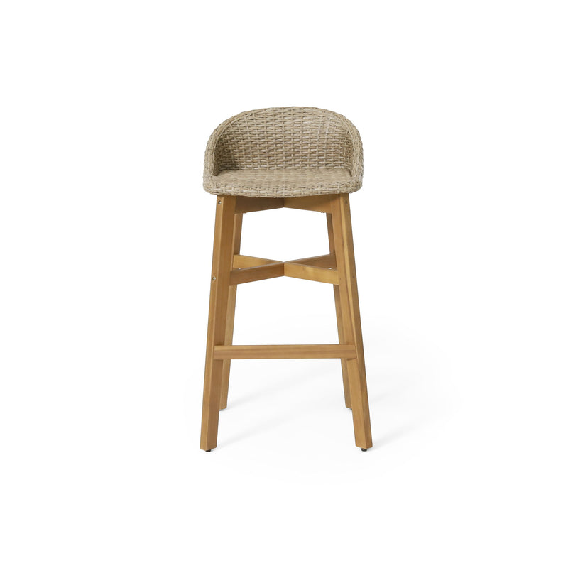 Noble House Beeson outdoor wicker and acacia wood barstool set in brown, water-resistant design, suitable for patio seating.