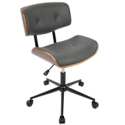 Lumi Source Lombardi mid-century modern adjustable swivel office chair with wooden armrests and cushioned seat and backrest.