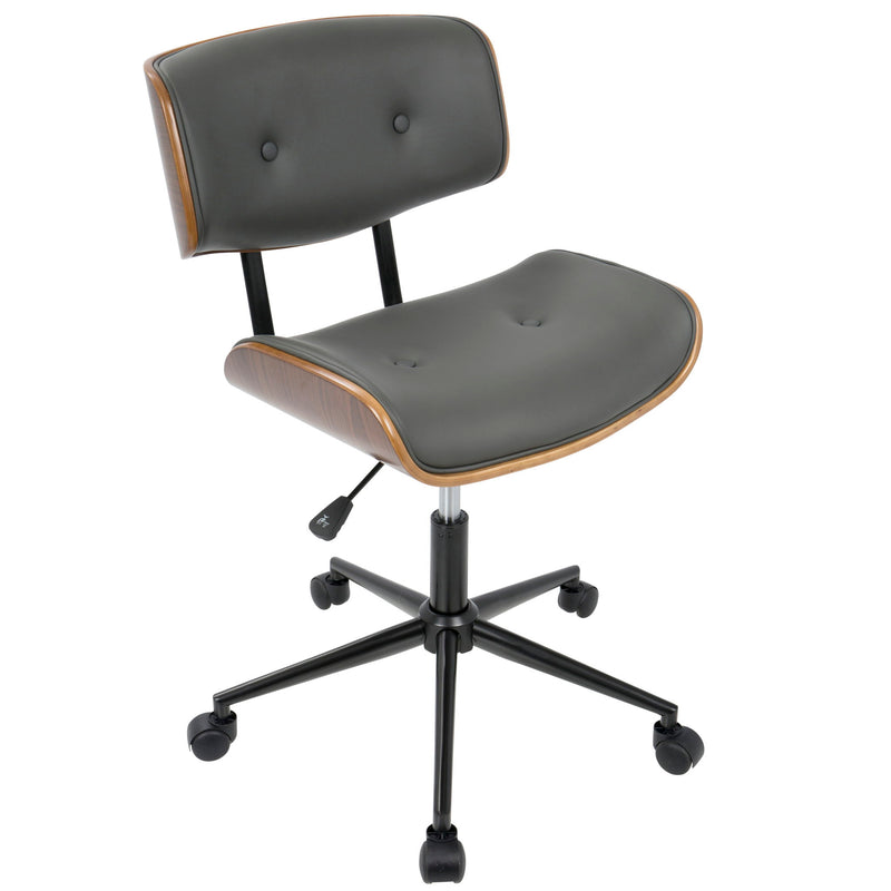 Lumi Source Lombardi mid-century modern adjustable swivel office chair with wooden armrests and cushioned seat and backrest.