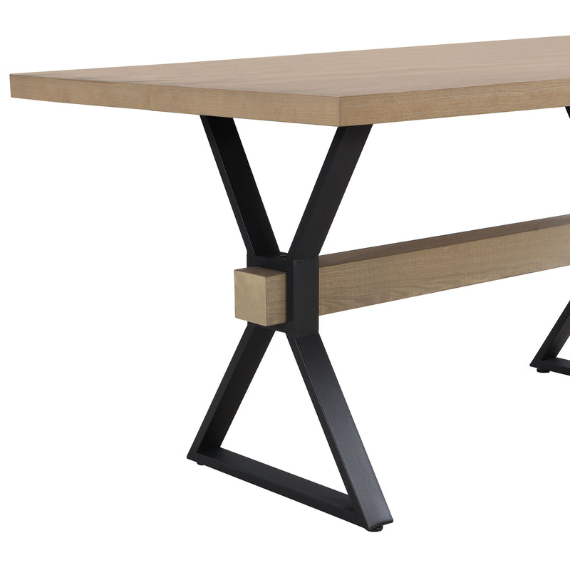 Light ash farmhouse dining table with X-shaped legs by Noble House, showcasing a sturdy wooden surface and rustic design.