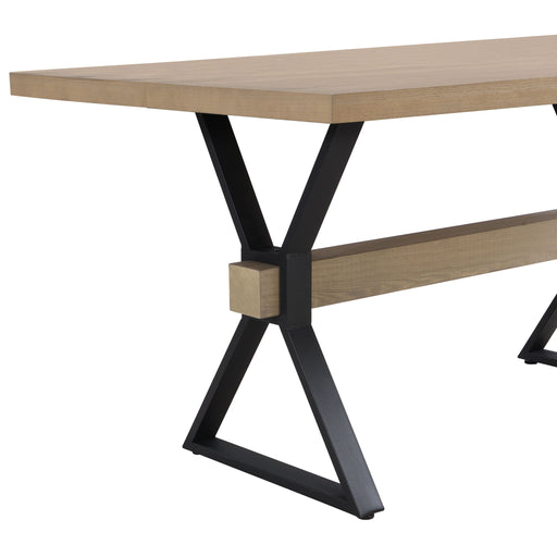 Light ash farmhouse dining table with X-shaped legs by Noble House, showcasing a sturdy wooden surface and rustic design.