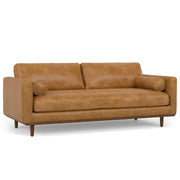 Simpli-Home Morrison upholstered stationary sofa with plush cushions and fabric upholstery in a modern living room setting.