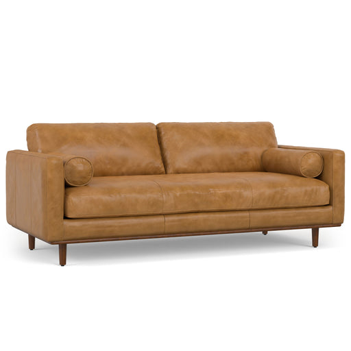 Simpli-Home Morrison upholstered stationary sofa with plush cushions and fabric upholstery in a modern living room setting.