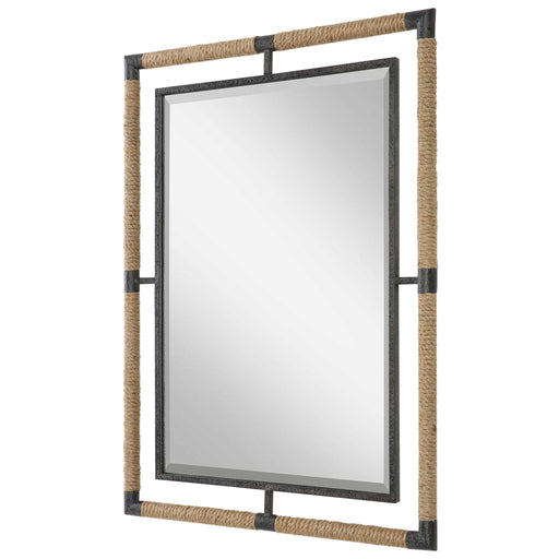 Uttermost Melville Iron & Rope Wall Mirror with light brown finish, featuring a round shape and nautical-inspired design.