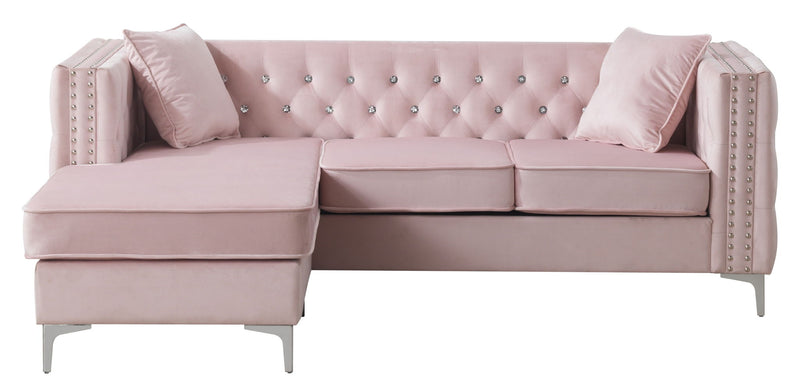 Glory Furniture Paige stationary sectional sofa with chaise lounge, beige fabric upholstery and plush cushioned seating.