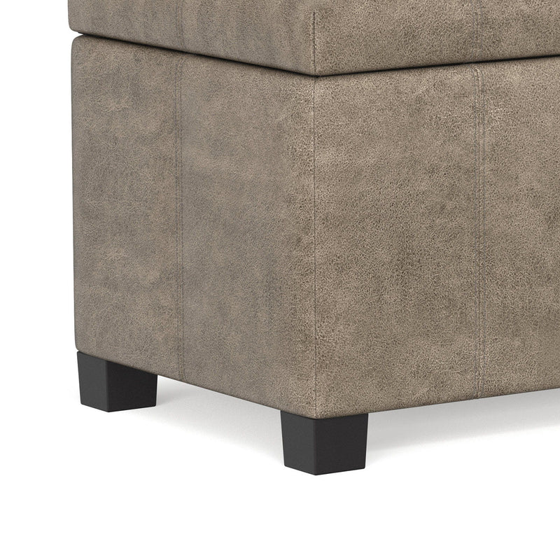 Simpli-Home Dover storage ottoman in smoky brown leather with lift-up lid and spacious interior for storage.