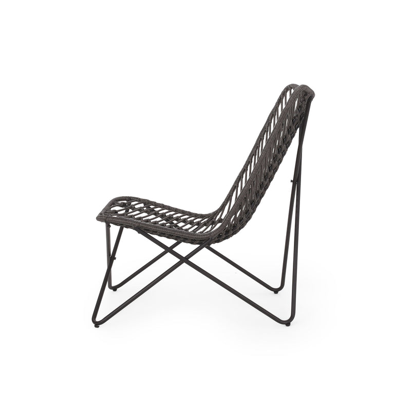 Set of two gray outdoor wicker chairs with geometric cross metal bases by Noble House, featuring stylish and comfortable seating.