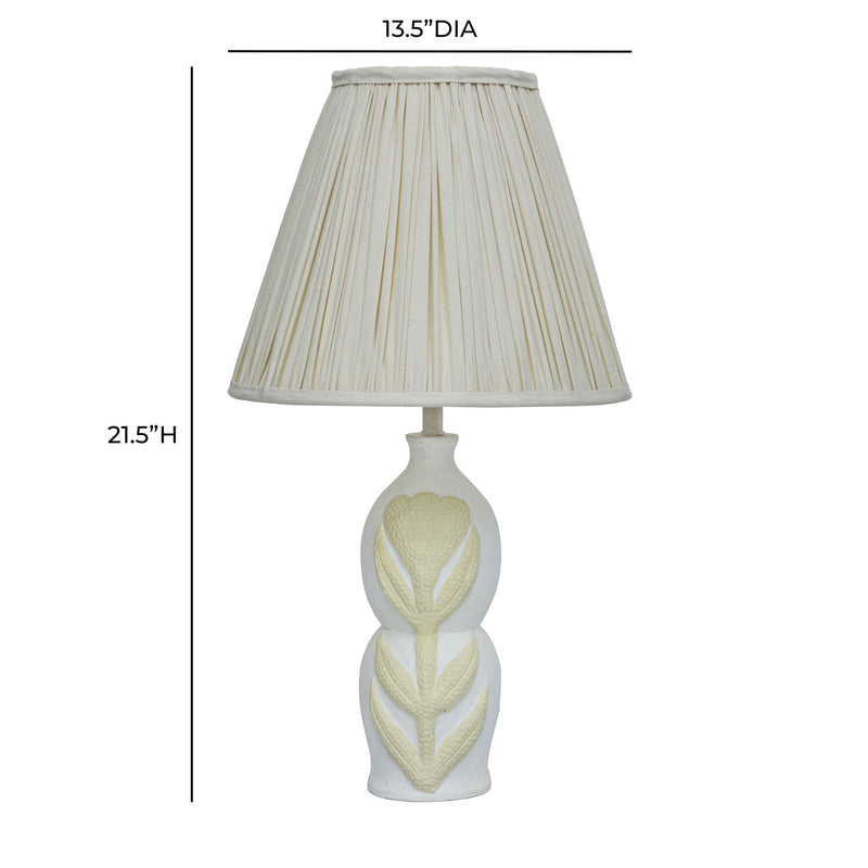 TOV Furniture Edith cream curved papier mache flower pleated table lamp with floral design and soft lighting.