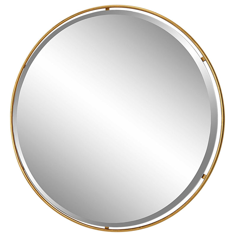 Uttermost Canillo round gold accent mirror with a sleek, modern frame, perfect for contemporary interior decor.