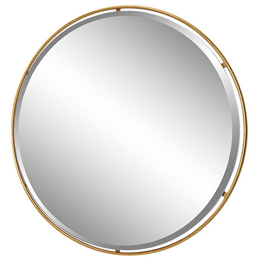 Uttermost Canillo round gold accent mirror with a sleek, modern frame, perfect for contemporary interior decor.