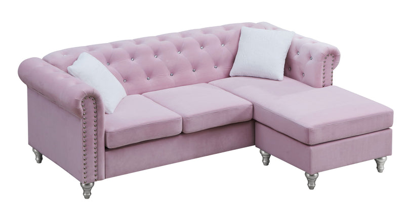Glory Furniture Raisa stationary sectional sofa chaise with plush cushions and modern design, shown in a stylish living room setting.