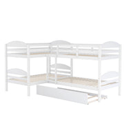 White twin L-shaped bunk bed with trundle from DreamHaus, featuring a sturdy frame and space-saving design for kids' rooms.
