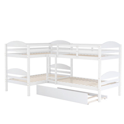 White twin L-shaped bunk bed with trundle from DreamHaus, featuring a sturdy frame and space-saving design for kids' rooms.