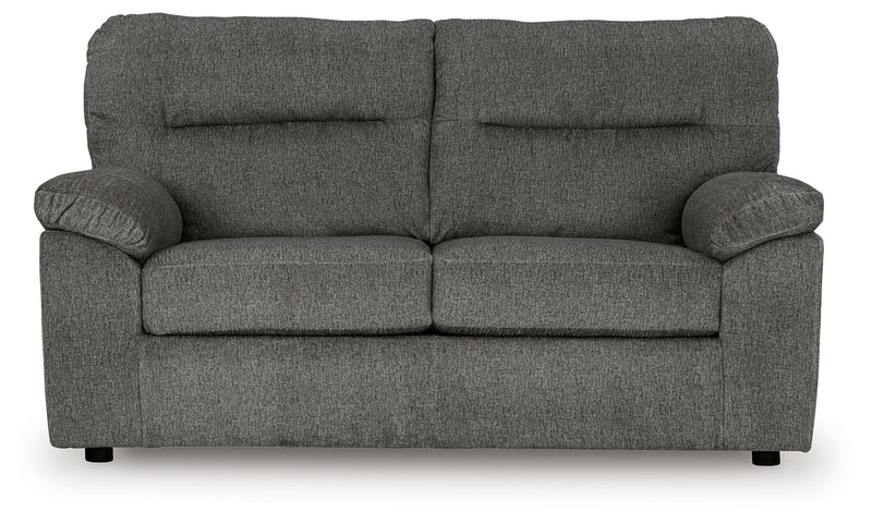 Mineral-colored Bindura stationary loveseat by Signature Design by Ashley®, plush fabric and cushioned armrests, ideal for cozy living spaces.