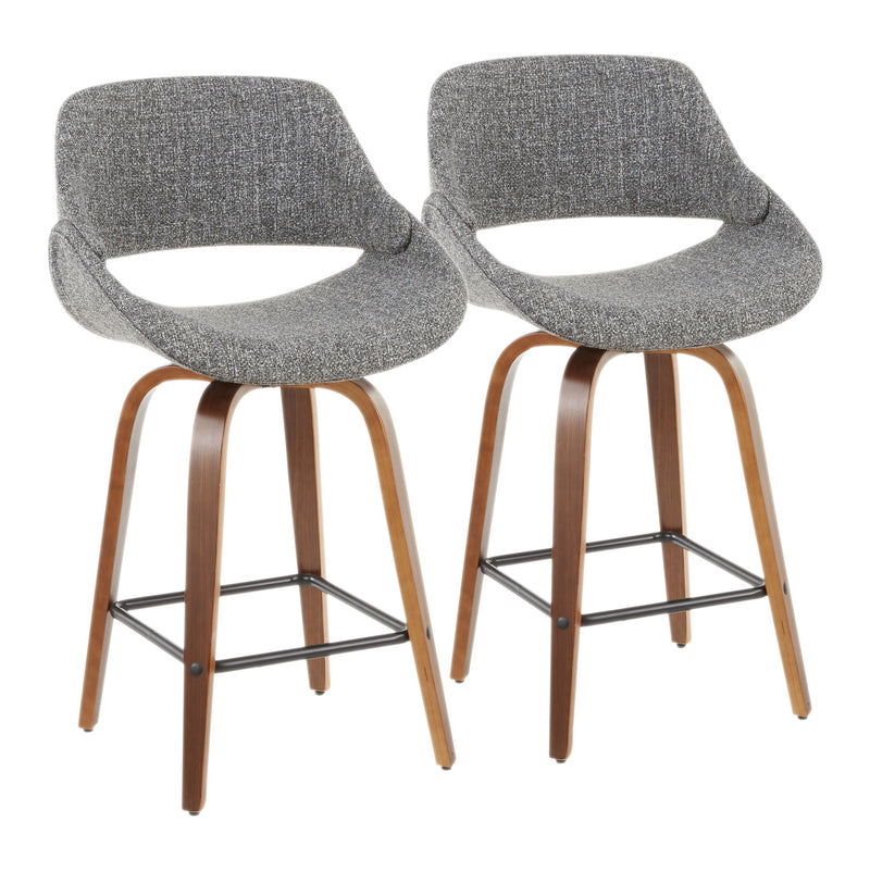 Lumi Source Fabrico mid-century modern counter stool set with wooden legs and upholstered seats, shown in a stylish dining area.
