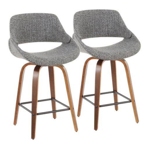Lumi Source Fabrico mid-century modern counter stool set with wooden legs and upholstered seats, shown in a stylish dining area.