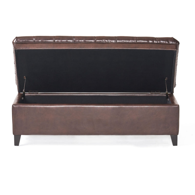 Noble House Juliana storage ottoman with soft cushioned top and birch wood legs, versatile for living room or bedroom seating.