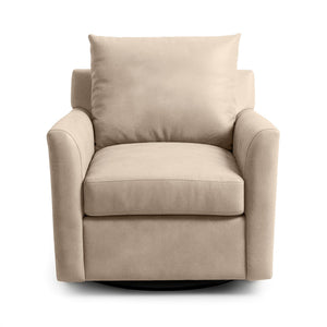 Classic Home Olivia swivel chair with cushioned seat and backrest, featuring a modern design and wooden base.