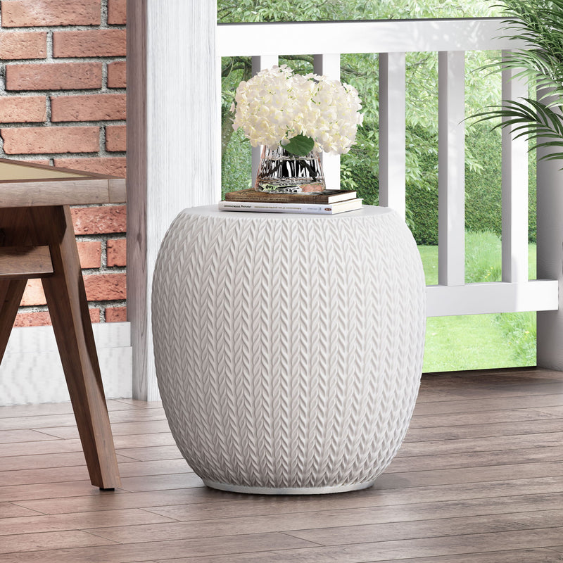 Outdoor lightweight concrete side table in antique white by Noble House, featuring a compact, modern design for outdoor spaces.