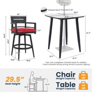 Outdoor patio bar set with rounded square sintered stone table and four swivel bar chairs, by Life Outside.