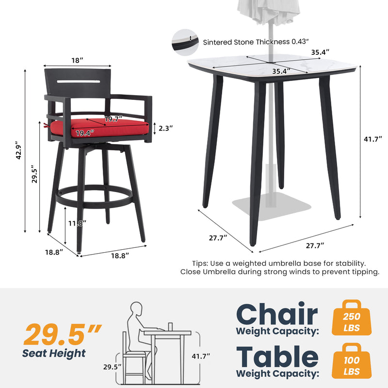 Outdoor patio bar set with rounded square sintered stone table and four swivel bar chairs, by Life Outside.