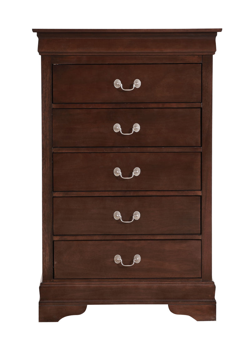 Louis Phillipe accent chest by Glory Furniture featuring a wooden finish, decorative hardware, and compact storage design.
