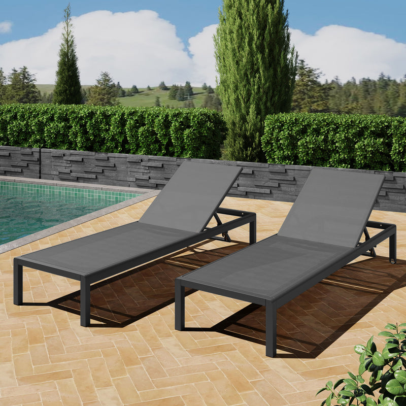 Noble House outdoor patio chaise lounge with five reclining positions, featuring a cushioned surface and sturdy frame.