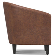 Simpli-Home Austin handcrafted arm chair with plush upholstery and wooden legs, stylish and comfortable for living room seating.