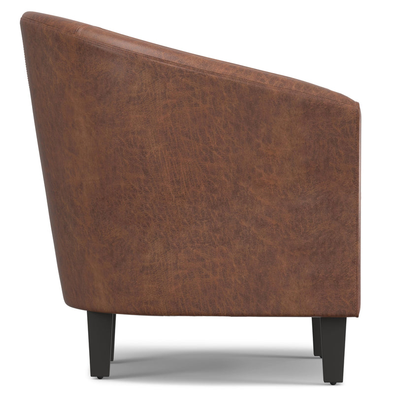 Simpli-Home Austin handcrafted arm chair with plush upholstery and wooden legs, stylish and comfortable for living room seating.