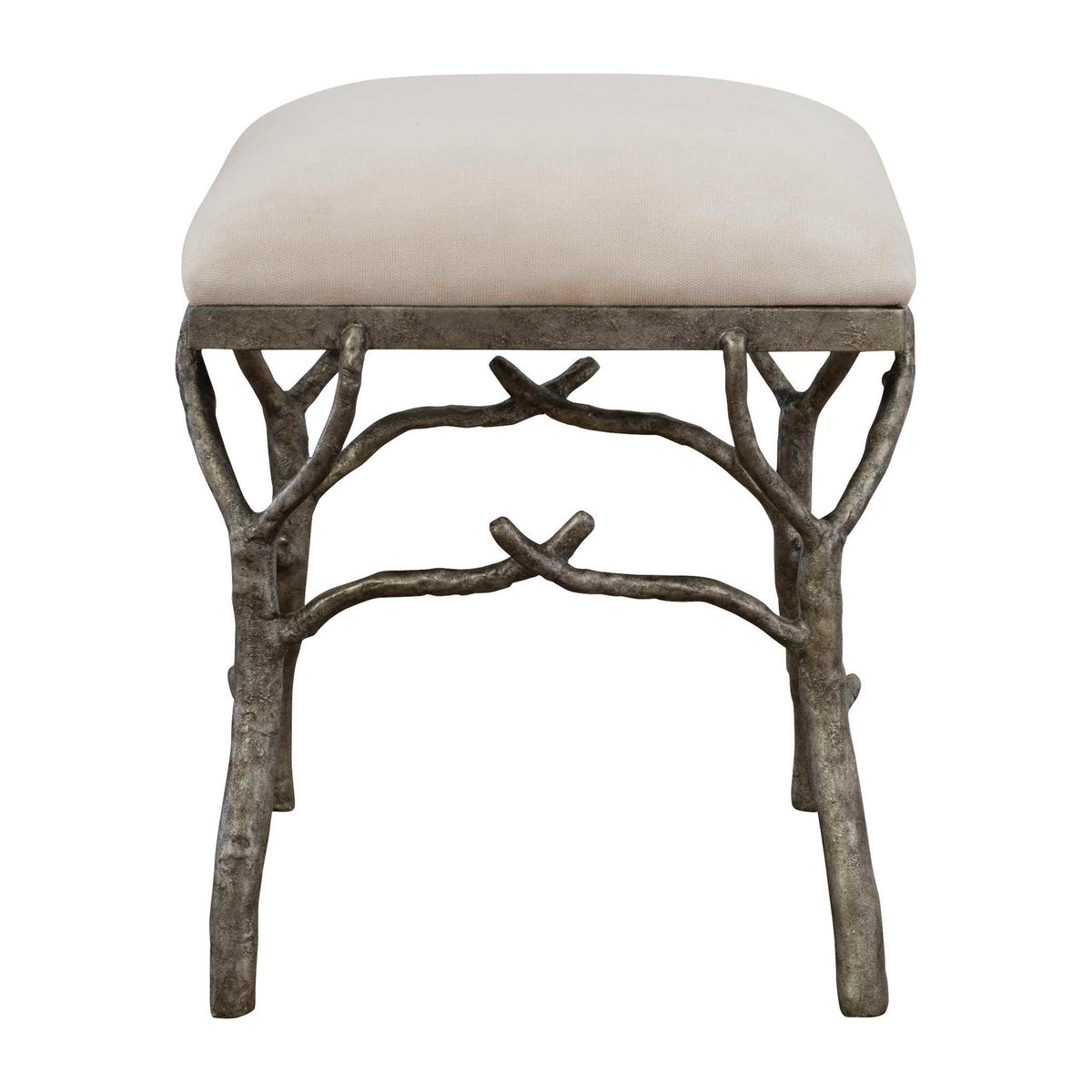Uttermost Lismore small beige fabric accent bench with wooden legs, showcasing a plush cushioned top for stylish seating.