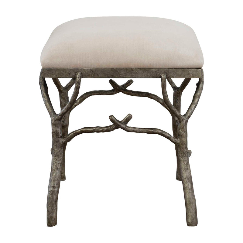 Uttermost Lismore small beige fabric accent bench with wooden legs, showcasing a plush cushioned top for stylish seating.
