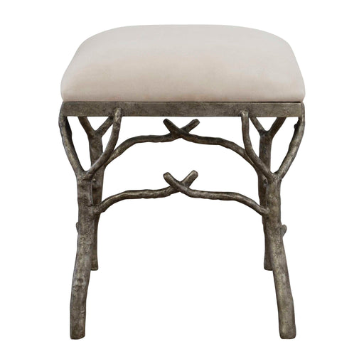 Uttermost Lismore small beige fabric accent bench with wooden legs, showcasing a plush cushioned top for stylish seating.