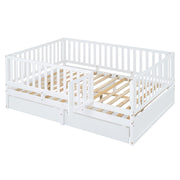 DreamHaus storage daybed with fence guardrails and two drawers, convertible into a split floor bed and daybed.