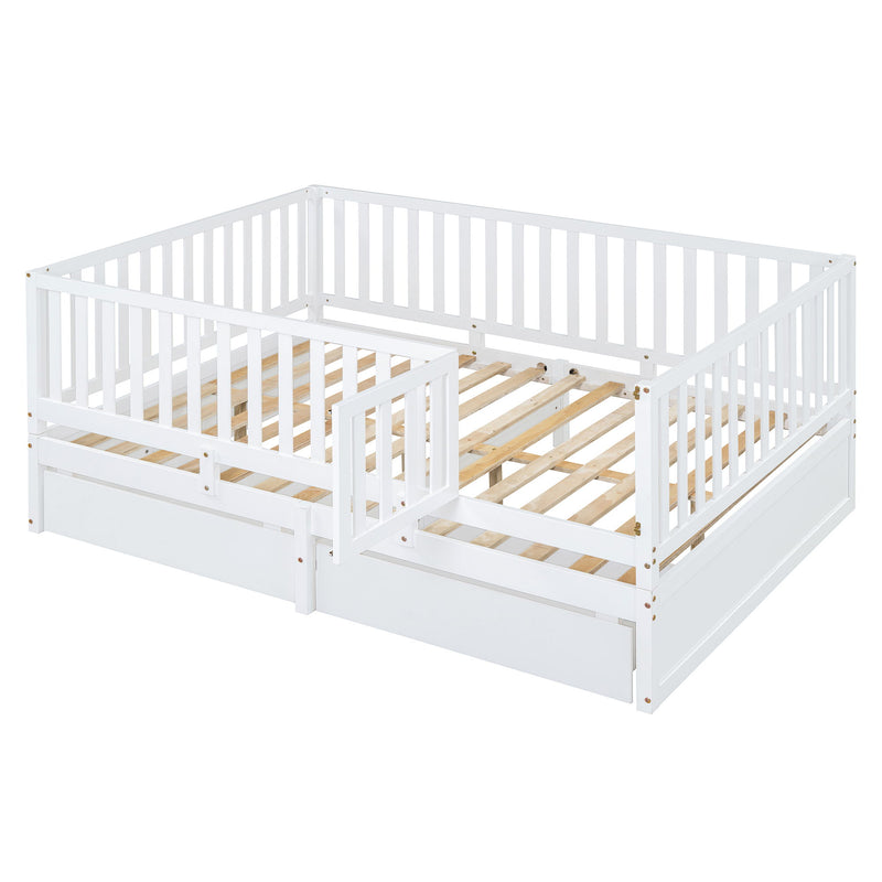 DreamHaus storage daybed with fence guardrails and two drawers, convertible into a split floor bed and daybed.