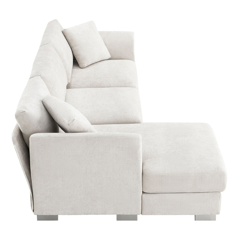 Luxe & Co. modern cloud L-shaped sectional sofa with oversized chaise, four seats, and two free pillows in a stylish living room setting.