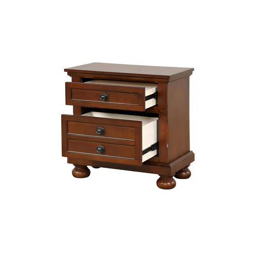 Cherry wood accent nightstand by Glory Furniture with a single drawer and open shelf for bedside storage.