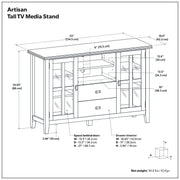 Handcrafted tall TV media stand by Simpli-Home featuring wood finish and open shelving for media devices and decor.