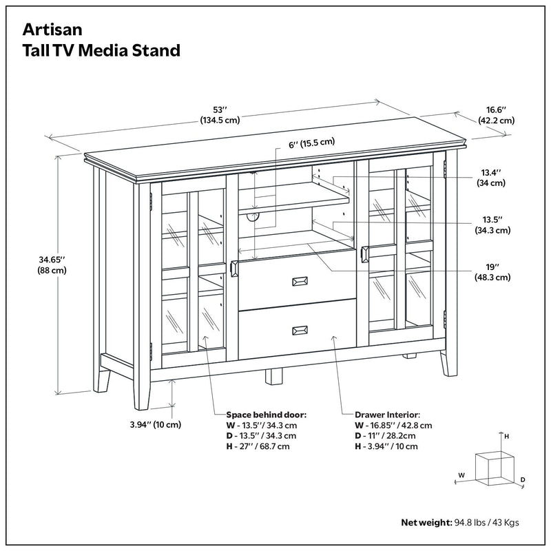 Handcrafted tall TV media stand by Simpli-Home featuring wood finish and open shelving for media devices and decor.
