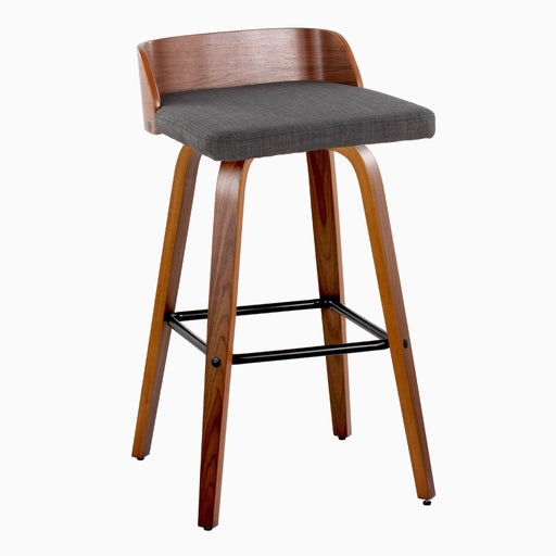 Lumi Source Maya mid-century modern fixed-height barstools with swivel and square footrest, set of 2, featuring sleek design and wooden accents.