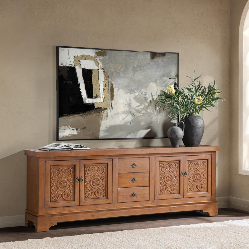 Classic Home Amita brown 3-drawer, 4-door buffet cabinet with sleek wood finish and modern design.