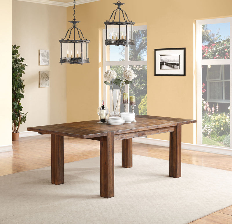 Modus Meadow solid wood extending dining table in brick brown with a composite finish, showcasing its elegant design and extendable feature.