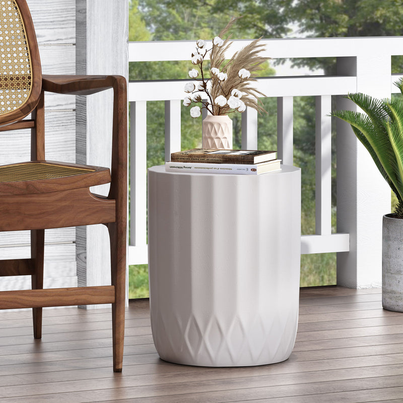 Antique white outdoor end table with scallop edge from Noble House, featuring a stylish and durable design for outdoor spaces.