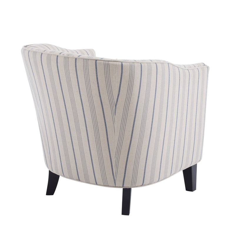 Transitional Upholstered Stripe Barrel Chair With Birch Wood Legs And Plush Cushioned Seat - Beige / Blue Stripe - R&R Furniture Gallery (Fountain Valley, CA)