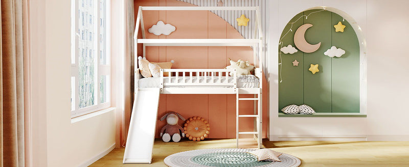 DreamHaus loft bed with built-in slide, featuring a sturdy wooden frame, ladder, and playful design for kids' bedroom.